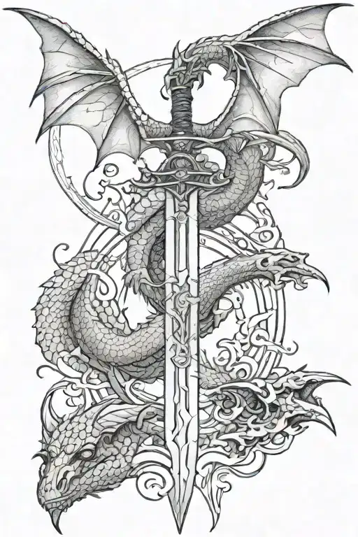 Sword In The Middle Surrounded By A Dragon Flying