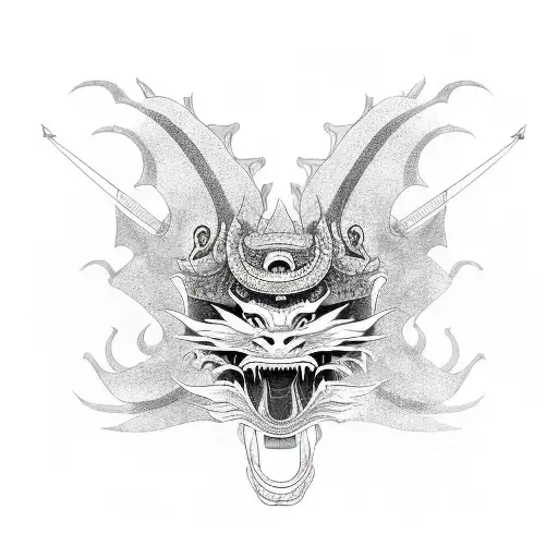 Japanese Dragon Wrapping Around A Traditional Samurai Helmet In A Sketch Style