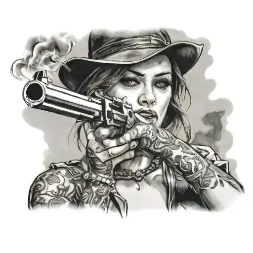 Girl Smoking Joint With Gun Pointing Forward