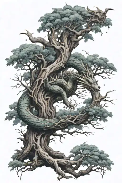Dragon Around Tree Branches In The Middle And Stars Around It