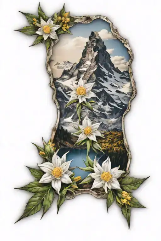 Realistic Edelweiss Flowers Framing Matterhorn Mountain