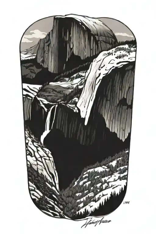 A Black-grey Tattoo Of Half Dome As Seen From Glacier Point With Trail Leading Up It