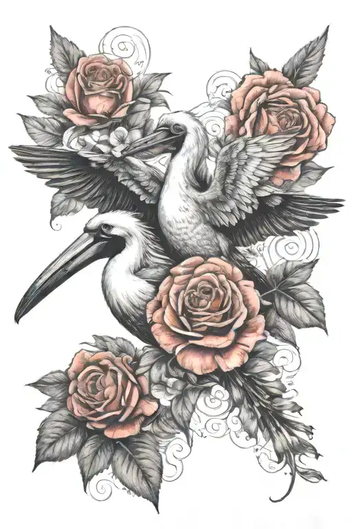 Pelican And A Hummingbird With Roses