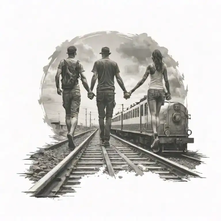 Couple Holding Hands Walking On Train Traveling Either