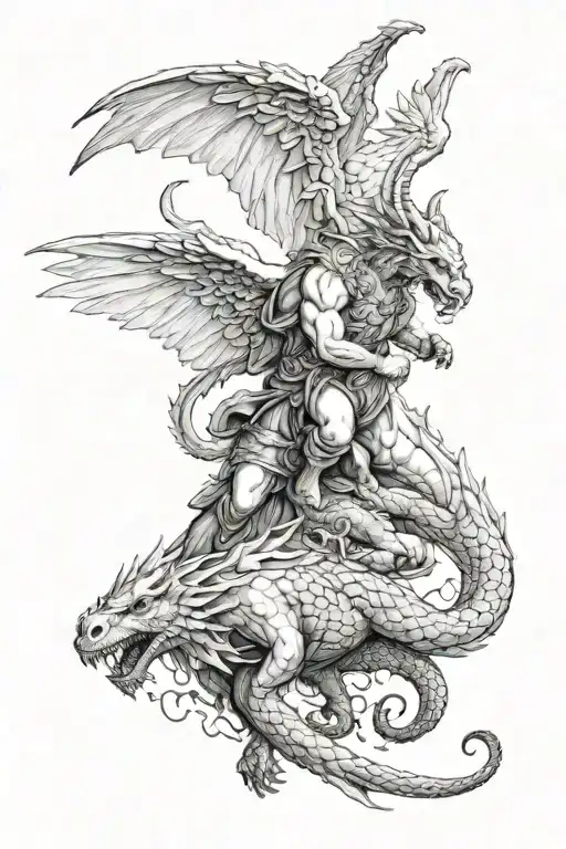 Angel And Man Fighting Dragon