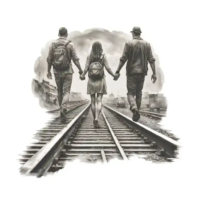 Couple Holding Hands Walking On Train Traveling Arround The World