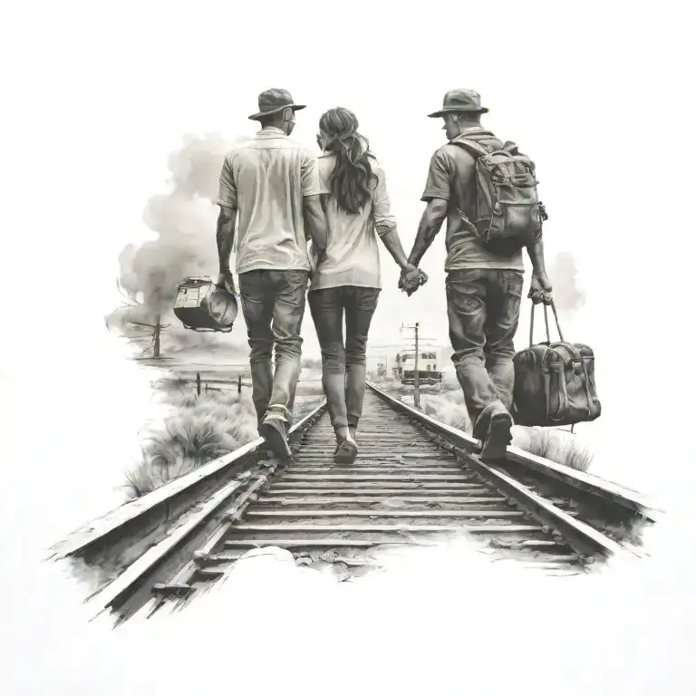 Couple Holding Hands Walking On Train Traveling Either