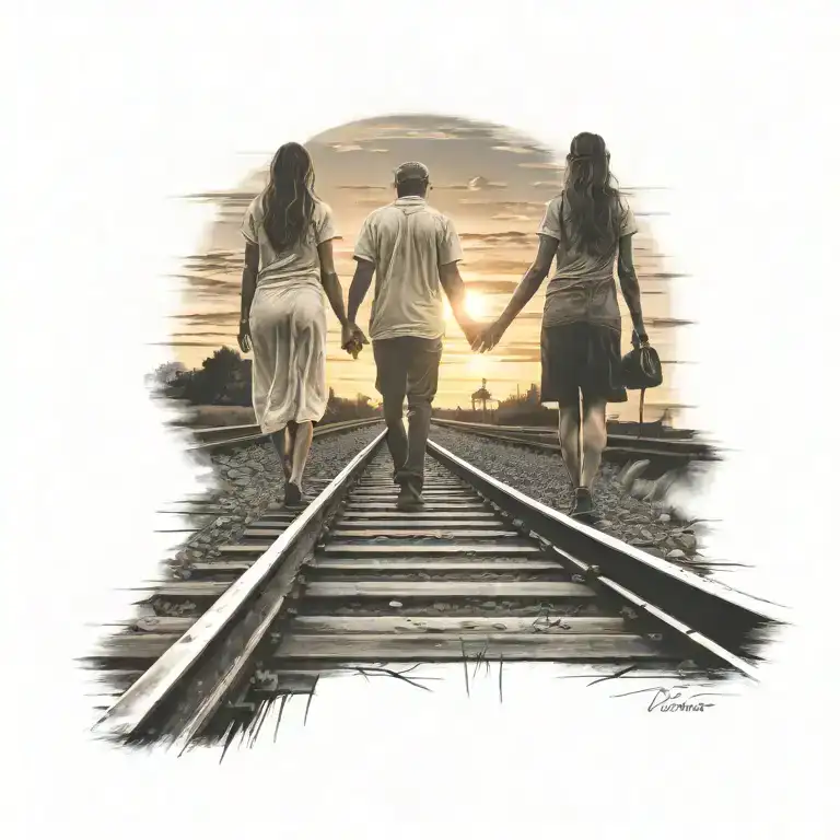 Lman And Women Holding Hands Walking On Train Tracks Into Sunset