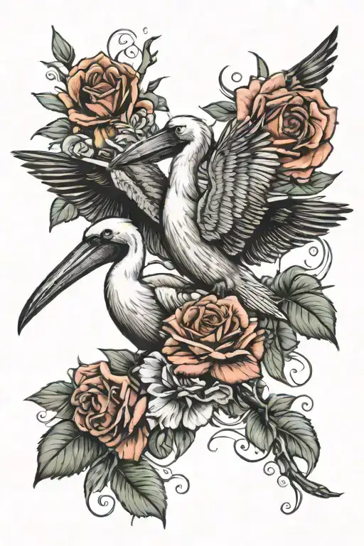 Pelican And A Hummingbird With Roses