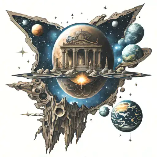 A Celestial Temple Floating In Space Surrounded By Stars And Planets