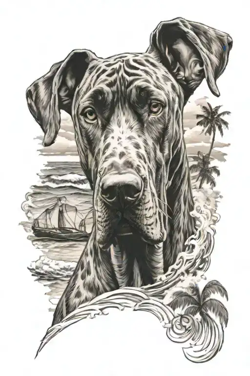 Great Dane With Tall Ears On A Beach With Waves And Palm Trees