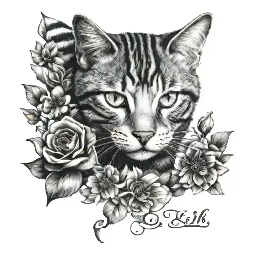 Grey Blck Striped Cat Lies Between Flowers In The Moonshine His Name Is Elli