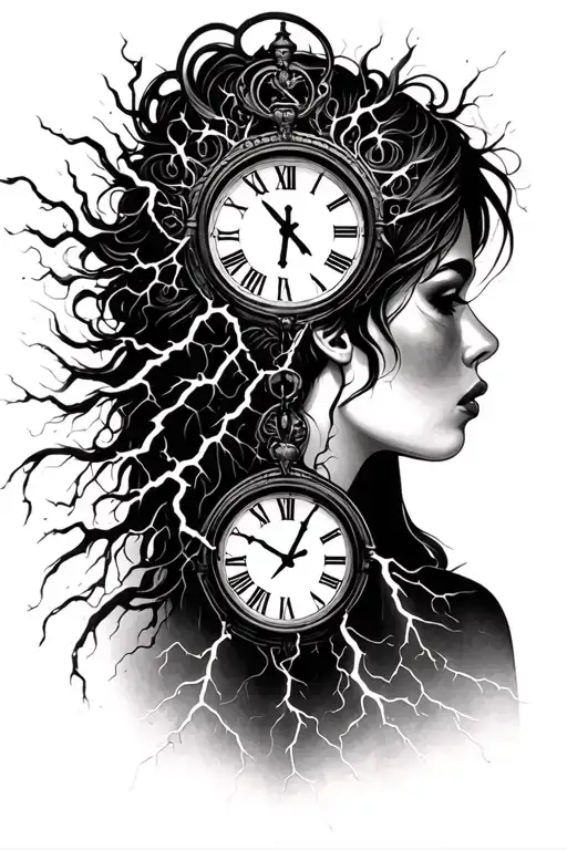 Woman Silhouette And Clock And Expression And Lightning Crackling