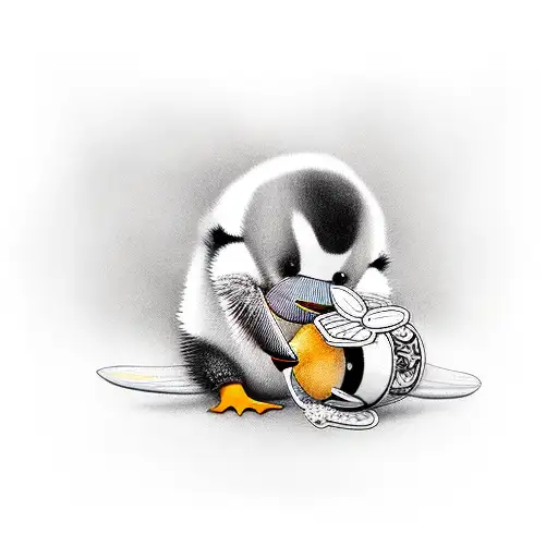 Baby Penguim Playing With A Bee