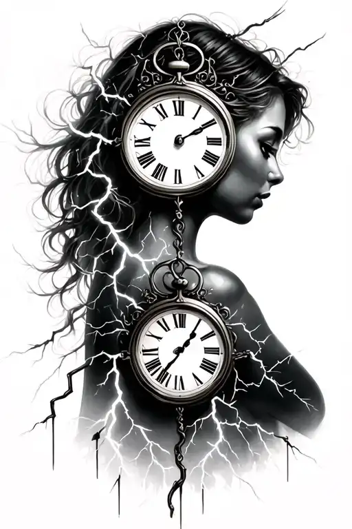 Woman Silhouette And One Clock And Expression And Lightning Crackling