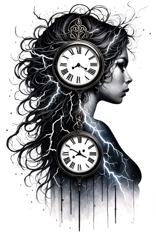 One Clock And Lightning And Woman Silhouette And Expression And Melancholy