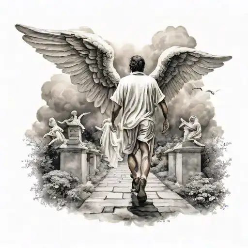 Person Walking On A Path In Heaven With Angels On The Sides