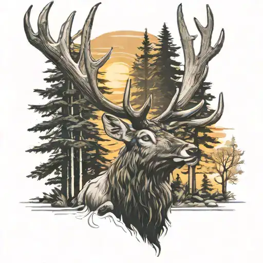 Elk Horn And Trees Colors Sunset