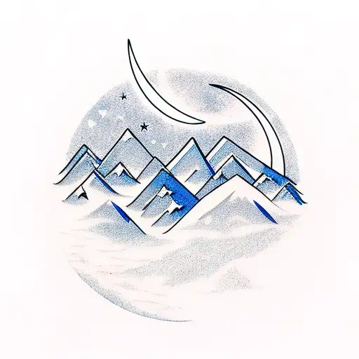 Mountain Range With Stars And Crescent Moon In Sky