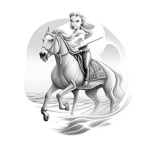 A Realistic Portrait Of A Disney Character Riding A Horse On The Beach In Andalucia