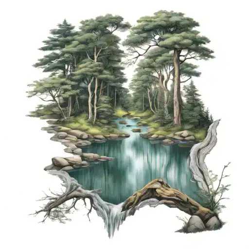 Realisitic Stream Running Through Thick Wooded Forest Landscape