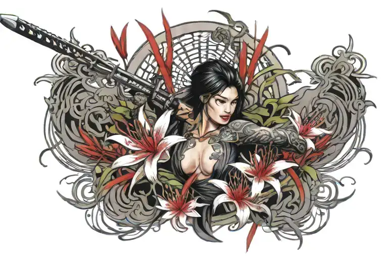 Katana With Red Spider Lilies Around It And Spider Lilies Petals Below Behind It