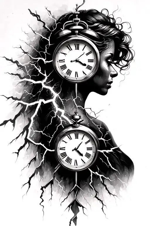 Woman Silhouette And A Clock And Expression And Lightning Crackling