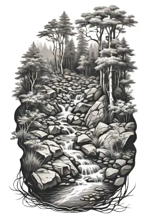 Realistic Black And White Creek Running Through Forest