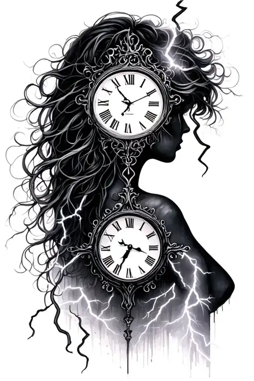 One Clock And Lightning And Woman Silhouette And Expression