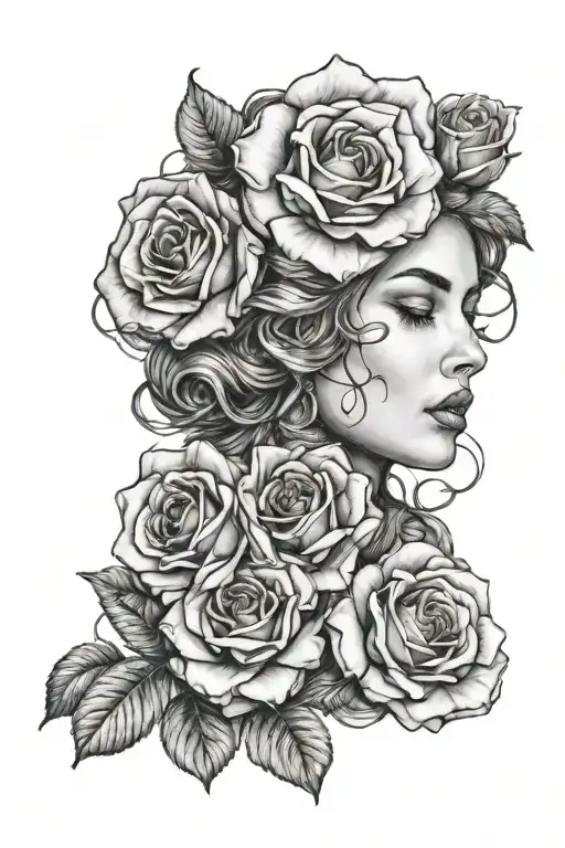 Female Face And Roses Intertwined