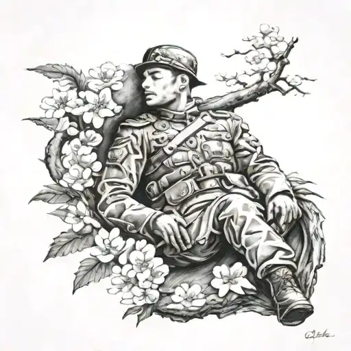 A Realistic Depiction Of A Sleeping Soldier Dreaming Of A Dragon And Cherry Blossoms