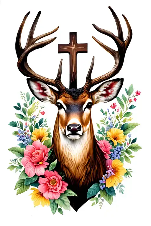 Deer Head With Cross And Flowers
