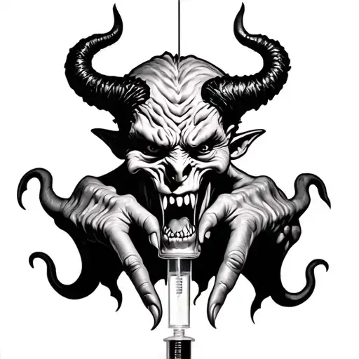 Hypodermic Syringe With Devil Coming Out Of Needle Like A Medication