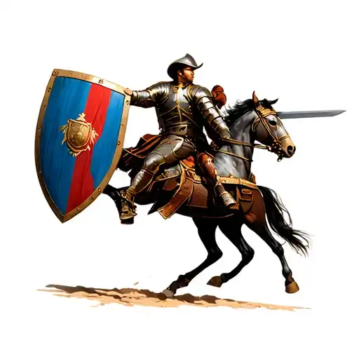 Cavalry Charing On An Armored Horse Wielding Shield And Sword