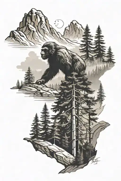 A Mountain Landscape With A Hidden Bigfoot Silhouette Among The Trees