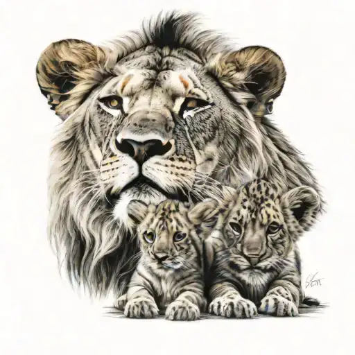 Lion Lioness And 3 Baby Lions