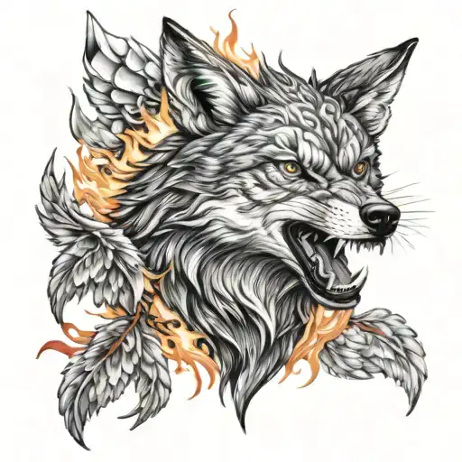 Fighting Wolf Face Next To Reborn Phoenix Rising From The Ashes