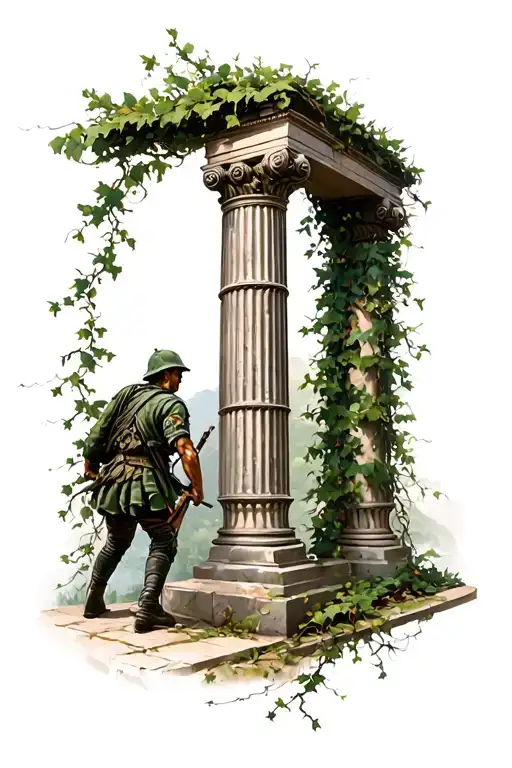 Roman Pillar Archway Wrapped In Vines With Soldier Stepping Through