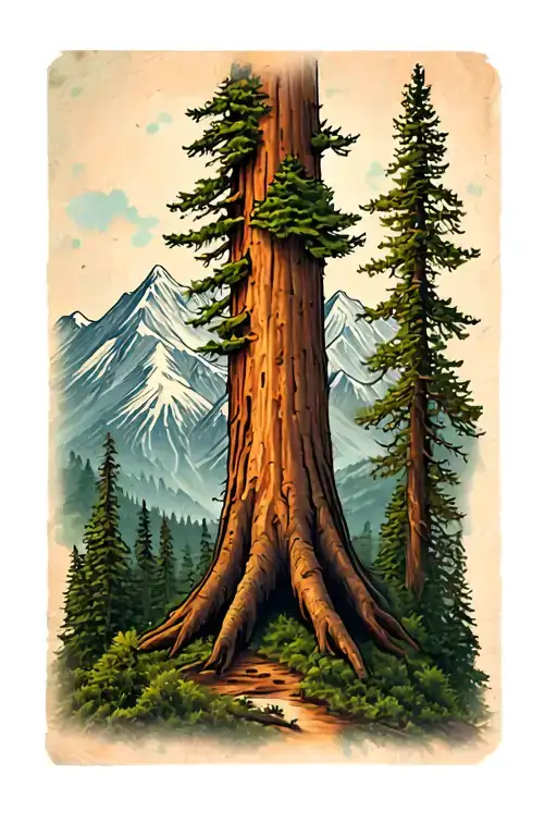 Redwood Tree With Mountain