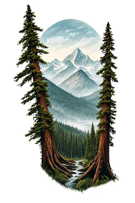 Redwood Forest Clearing With Mountains