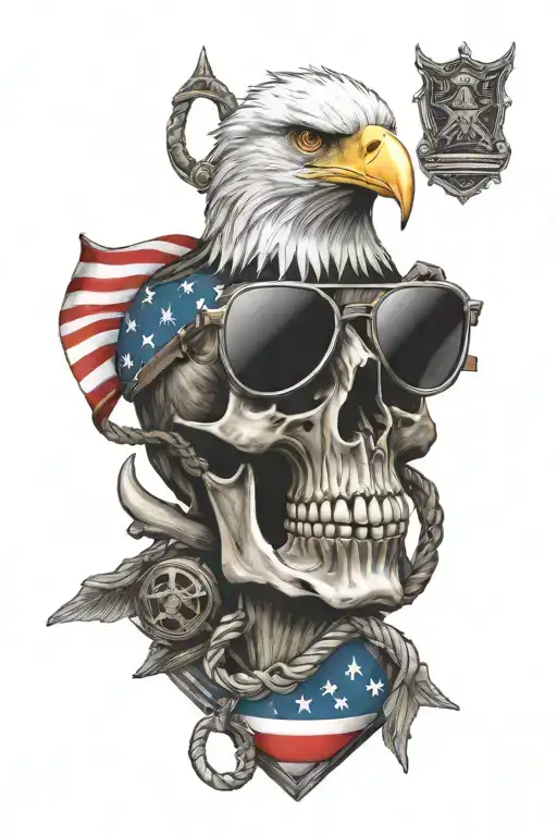 Eagle Globe And Anchor On A Skull Wearing Sunglasses And American Flag Intertwined