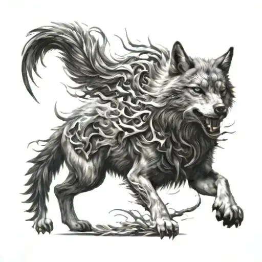 Fighting Wolf Accompanied By Reborn Phoenix Tatto Design