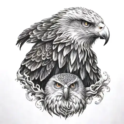 Eagle And Owl Half Face Combined Together