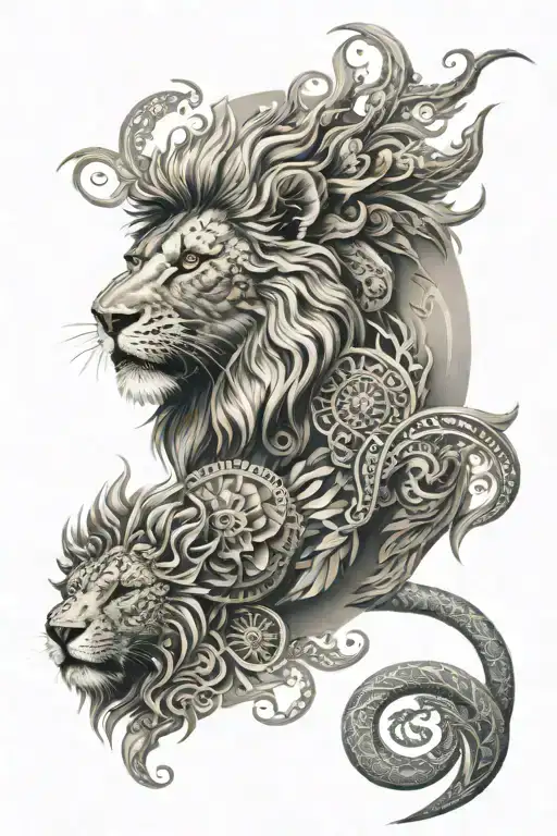 Spiritual Lion With Fierce Dragon With Mandalas