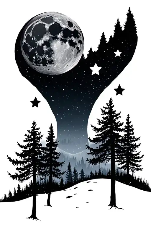 Full Moon And Three Stars In The Forest Scene