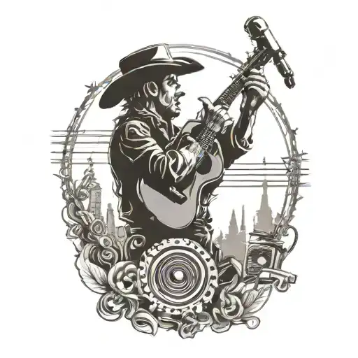 Cowboy Silhouette Singing In A Microphone Surrounded By Musical