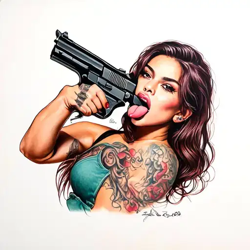 A Pretty Girl Licking A Gun With Her Tongue