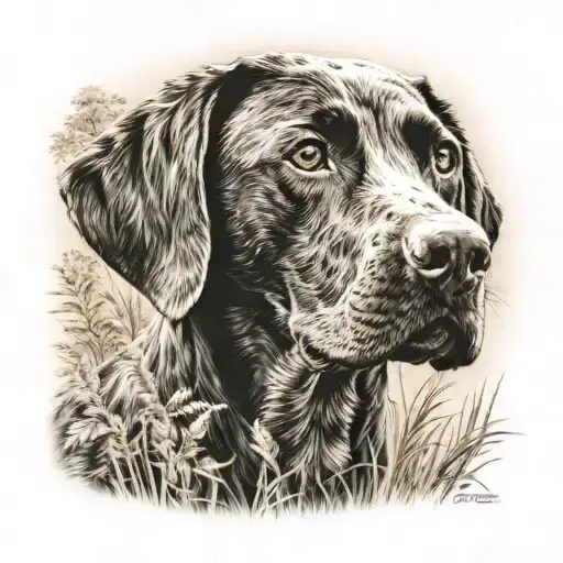 Black And Roan German Shorthaired Pointer Sitting In Grass Looking