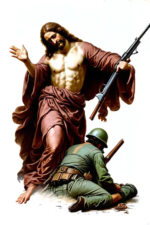 Jesus Reaching His Hand Down To A Fall Soldier Who Has Been Killed In The Battlefield During A War
