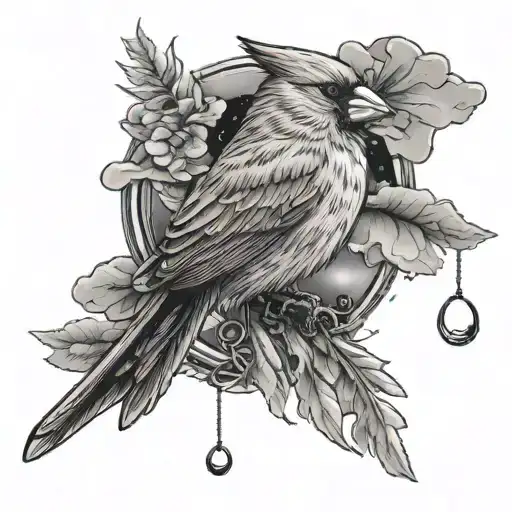 Red Female Cardinal Holding A Wind Chime Flying Through A Storm